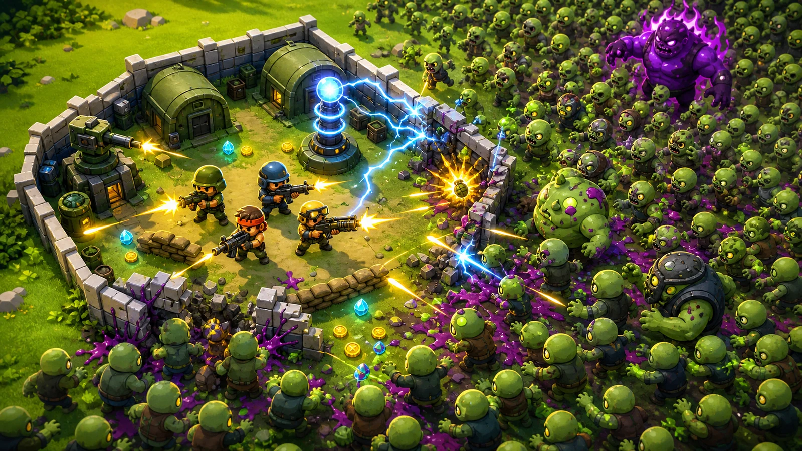 Four cartoon soldiers use a gun turret and tesla coil to defend a walled compound from hundreds of green zombies.
